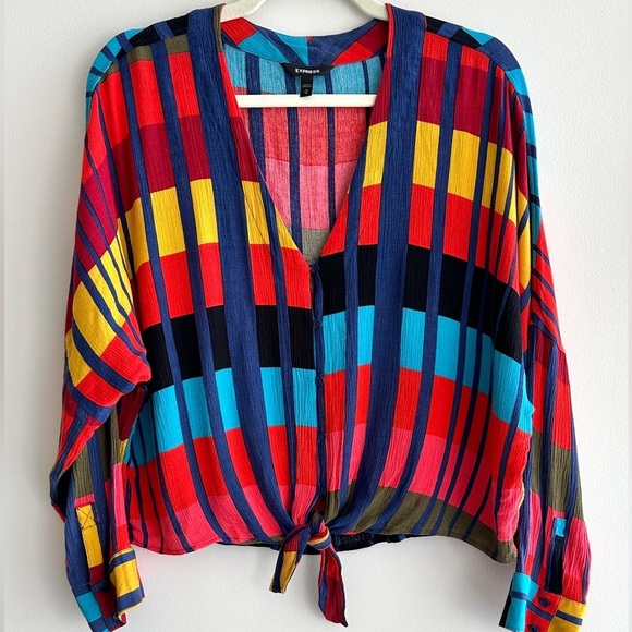 Express Colorblock Tie Waist Blouse, Red/Blue/Yellow/Orange, Size Medium - Picture 1 of 16